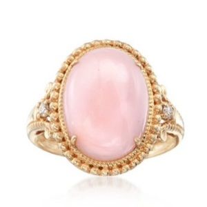 14K Yellow gold natural Oval cabochon Peruvian pink opal & diamonds ring RARE